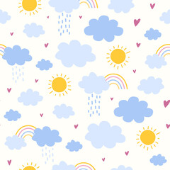 Seamless pattern for childrens theme with repeating clouds, rainbows, rain, sun.