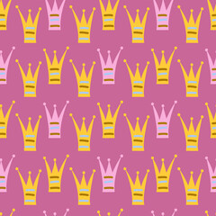 Seamless vector pattern with princess crowns on a pink background.