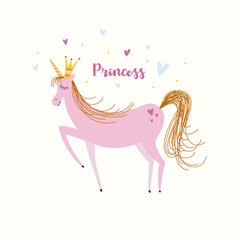 Obraz na płótnie Canvas Cute pink unicorn with a crown on his head. Children's illustration.