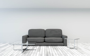 Fototapeta na wymiar modern day white living room with white wooden floor, couch and glass tables 3d render illustration