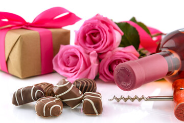 Chocolate pralines, wine bottle, roses and gift