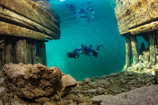 Scuba diver exploring Lake Atter with diver propulsion vehicle