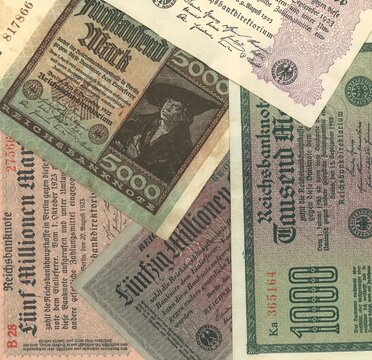 Old historic German inflation bank notes. The Rentenmark was a currency issued on 15 November 1923 to stop the hyperinflation of 1922 and 1923 in Weimar Germany.