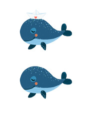 Sticker Illustration of two cartoon blue whale with hat like a paper ship and without on white isolated background