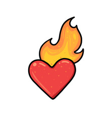 Illustation of heart burning with love sticker on white isolated background