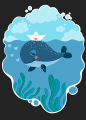 Sticker Illustration of cartoon blue whale inside sea with hat like a paper ship