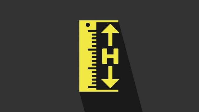 Yellow The measuring height and length icon isolated on grey background. Ruler, straightedge, scale symbol. 4K Video motion graphic animation