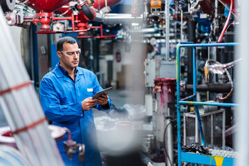 Male technician using digital tablet while working in factory