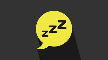 Yellow Speech bubble with snoring icon isolated on grey background. Concept of sleeping, insomnia, alarm clock app, deep sleep, awakening. 4K Video motion graphic animation