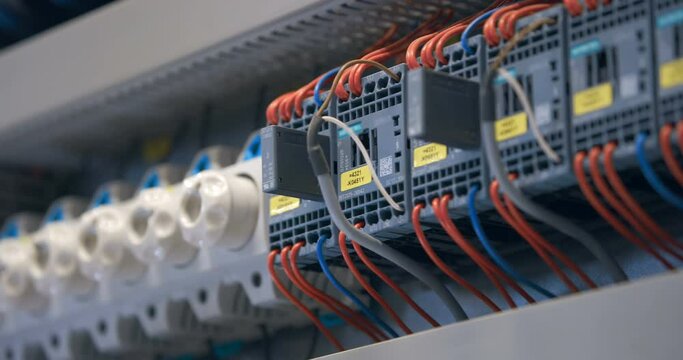 Electrical panel with many wires, electrical parts, automatic switches, breakers, residual current devices, fuses, terminals 
