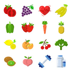 Set of healthy fruit flat icon vector design. Includes orange, pineapple, kiwi, carrot and more.