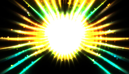 Pretty background of crossing beams of light and glowing particles. Wallpaper of vibrant colorful lights. Shinny light display..