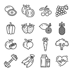 Set of healthy fruit outline icon vector design. Includes orange, pineapple, kiwi, carrot and more.