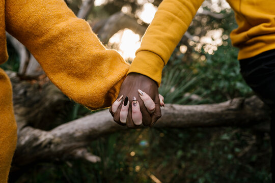 Close-up of woman and man holding hands at forest