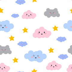 Seamless clouds smiling face pattern.  Vector design for paper, cover, wallpaper, 
fabric, textile, interior decor and other project.