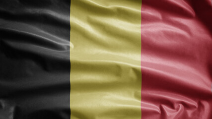 Belgian flag waving in the wind. Close up of Belgium banner blowing, soft silk.