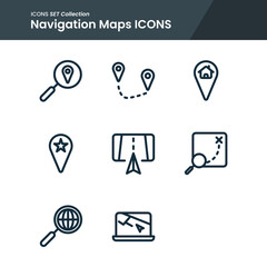 icon set of maps navigation zoom place, home location, roadmap and many more. with line style vector. suitable use for web app and pattern design.
