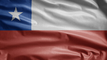 Chilean flag waving in the wind. Close up of Chile banner blowing, soft silk.