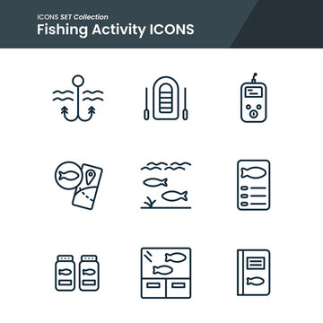 icon set of fishing activity boat, water detector, anchor and many more. with line style vector. suitable use for web app and pattern design.