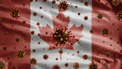Canadian flag waving with Coronavirus outbreak. Pandemic Covid 19 Canada closeup