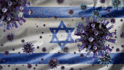 Israeli flag waving with Coronavirus outbreak. Pandemic Covid 19 Israel virus