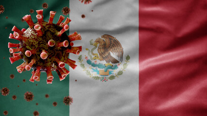 Mexican flag waving with Coronavirus outbreak. Pandemic Covid 19 Mexico virus