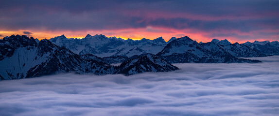 Alps panorama , pre alps mointains at sunser panoramic view.