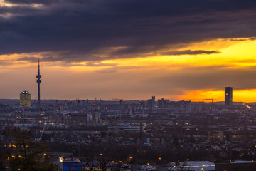 Munich germany skyline aerial view aster sunset colored sky, bavaria germany