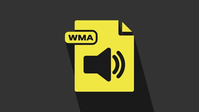 Yellow WMA file document. Download wma button icon isolated on grey background. WMA file symbol. Wma music format sign. 4K Video motion graphic animation
