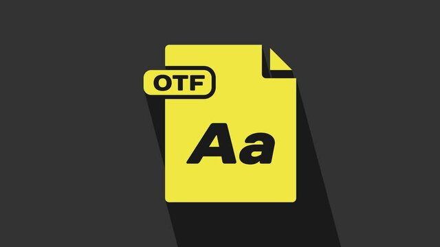 Yellow OTF file document. Download otf button icon isolated on grey background. OTF file symbol. 4K Video motion graphic animation