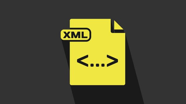 Yellow XML file document. Download xml button icon isolated on grey background. XML file symbol. 4K Video motion graphic animation