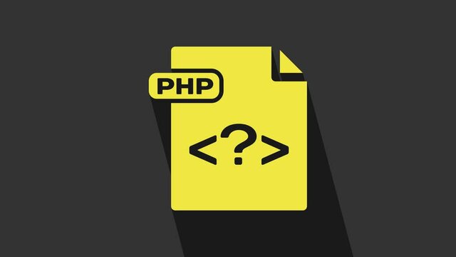 Yellow PHP file document. Download php button icon isolated on grey background. PHP file symbol. 4K Video motion graphic animation