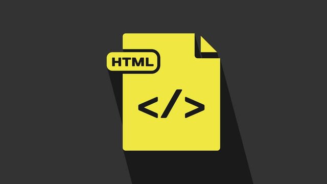 Yellow HTML file document. Download html button icon isolated on grey background. HTML file symbol. Markup language symbol. 4K Video motion graphic animation
