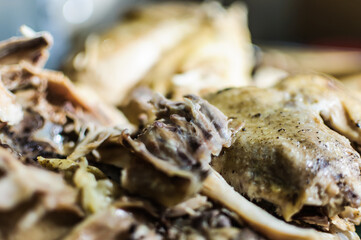 close up detail of boiled chicken with soft focus background prepared for meal