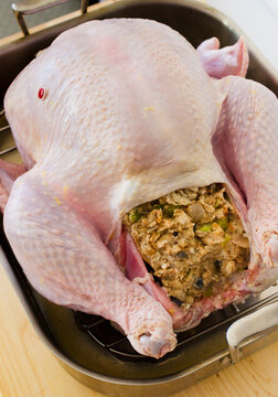 Raw turkey on roasting pan