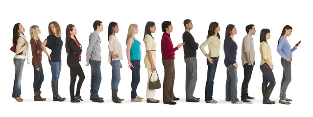 Studio shot of people waiting in line