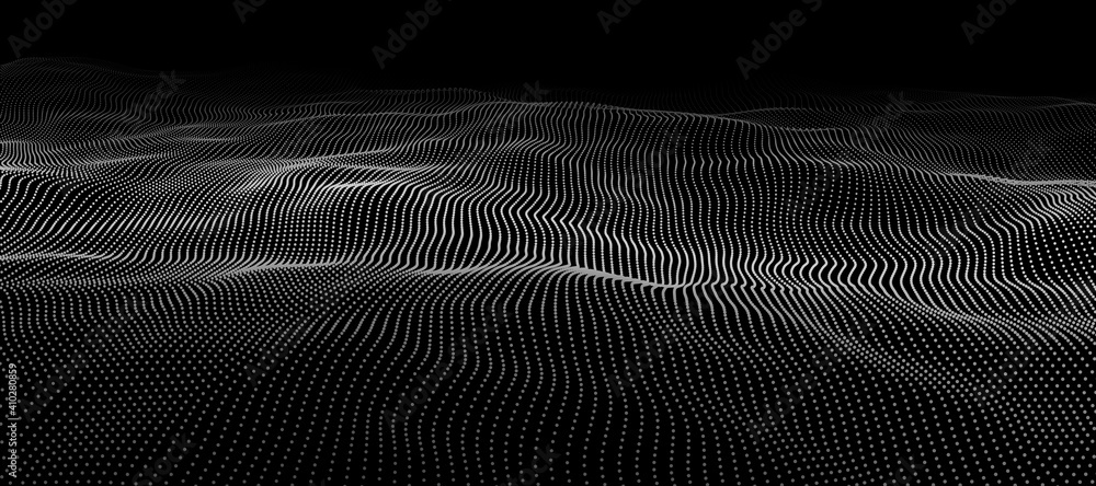 Poster wave 3d. wave of particles. dynamic wave on black background. futuristic point wave. design for post
