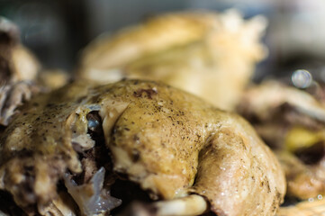 close up detail of boiled chicken with soft focus background prepared for meal