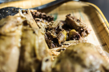 close up detail of boiled chicken with soft focus background prepared for meal
