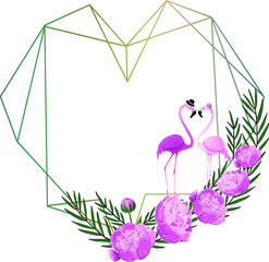 Heart geometric shape with enamored flamingos and pink flowers peonies vector. This frame with a heart and a pair of pink birds in love, flamingos and peonies is perfect for creating cards, invitation