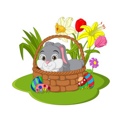 Happy Easter. Cute Easter bunny sitting in a basket
