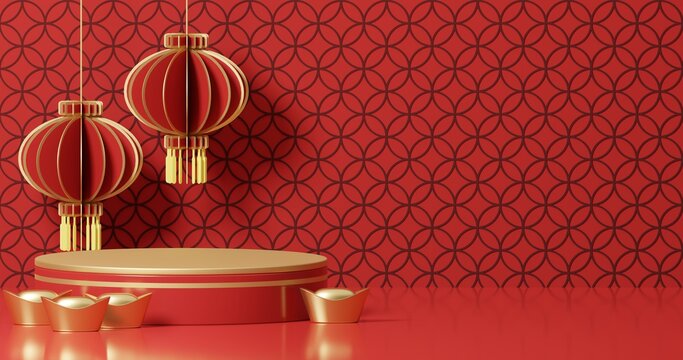 Chinese new year, 3D rendering of a Mock up podium for product presentation, abstract minimal concept, Showcase, geometric background, Product Presentation