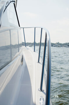 Close up of yacht bow with railings