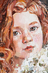 Portrait of a young red-haired girl holding flowers. Fragment of oil painting on canvas.