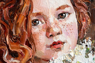 Portrait of a young red-haired girl holding flowers. Oil painting on canvas.