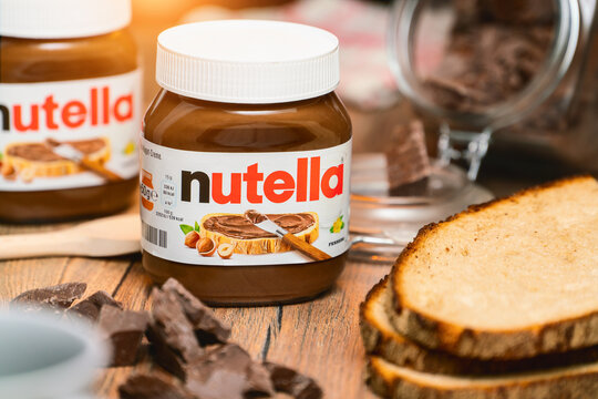 Pot of Nutella, the popular brand name of a sweetened hazelnut cocoa spread, introduced to the market in 1964 by Italian company Ferrero who celebrates 75 years anniversary in 2021