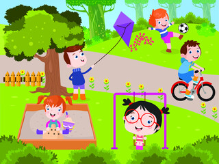 Obraz na płótnie Canvas Happy kids play at park vector concept for banner, website, illustration, landing page, flyer, etc.