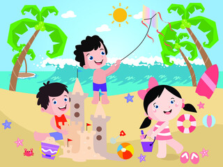 Friends playing at beach vector concept for banner, website, illustration, landing page, flyer, etc.