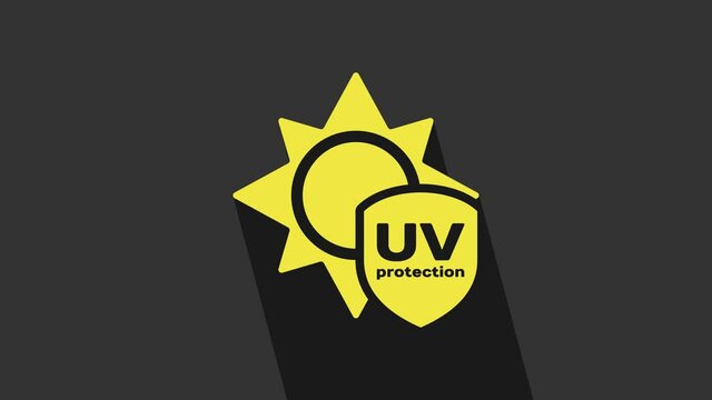 Yellow UV protection icon isolated on grey background. Sun and shield. Ultra violet rays radiation. SPF sun sign. 4K Video motion graphic animation