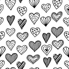 Seamless pattern of hand drawn with ink and brush heart icons with various decorative patterns. Love and marriage symbol. For wedding, engagement and Valentine’s day design. Isolated on white